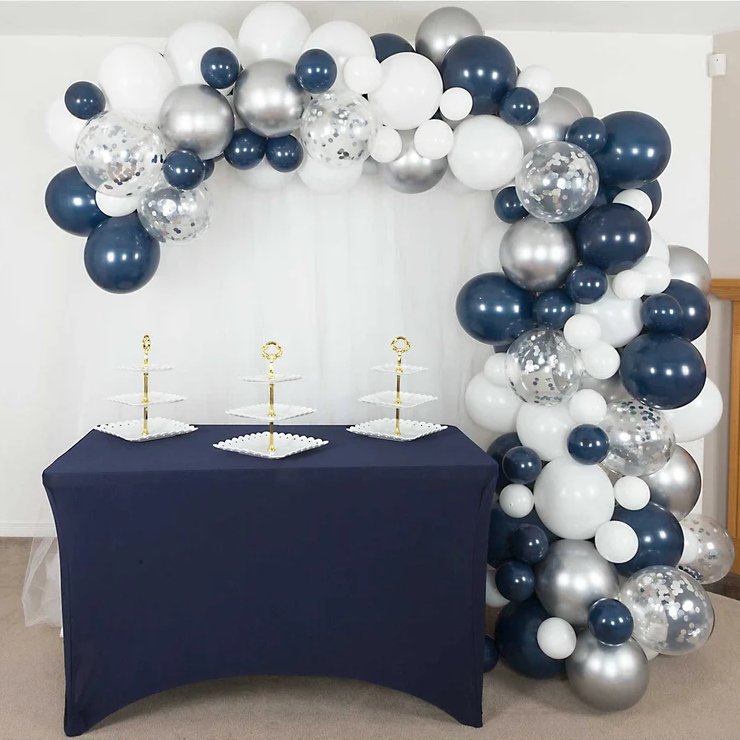 Navy Blue & Silver Balloon Arch Graduation Party Decor Ideas