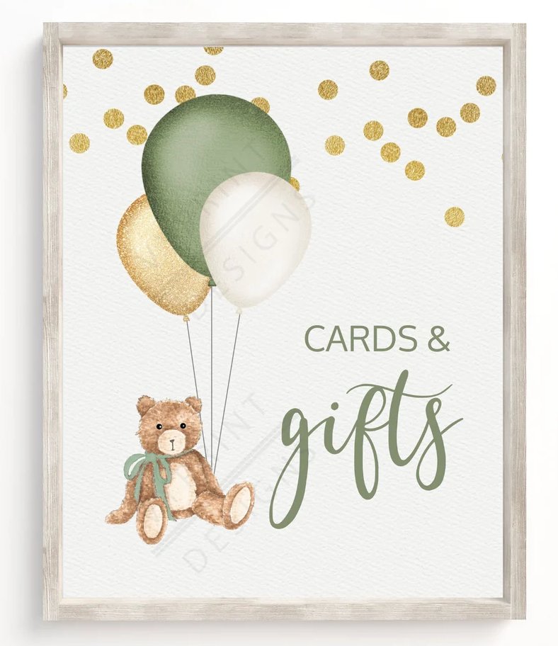 Sage Green & Gold Teddy Bear Baby Shower Card & Gift Card