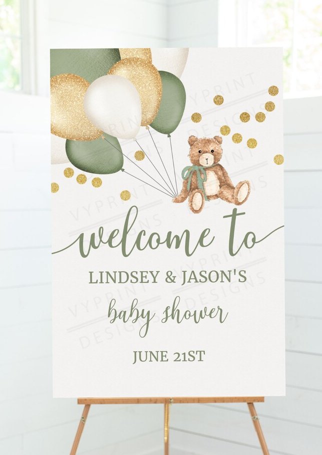 Sage Green & Gold Teddy Bear Baby Shower Welcome Sign