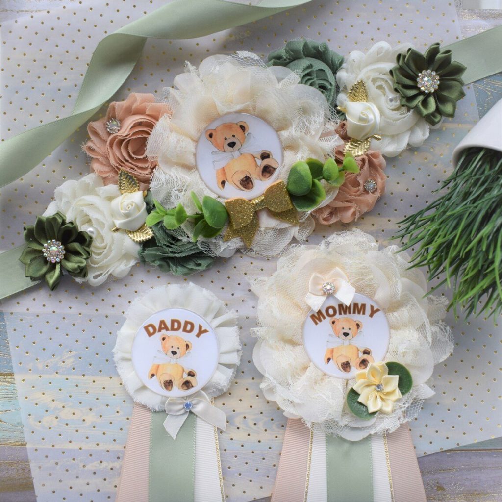 Sage Green & Ivory Baby Shower Sash & Corsage Pins