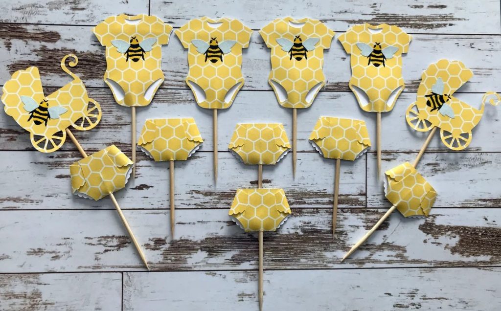 Bee Onesie Diaper Carriage Baby Shower Cupcake ToppersBee Onesie Diaper Carriage Baby Shower Cupcake Toppers