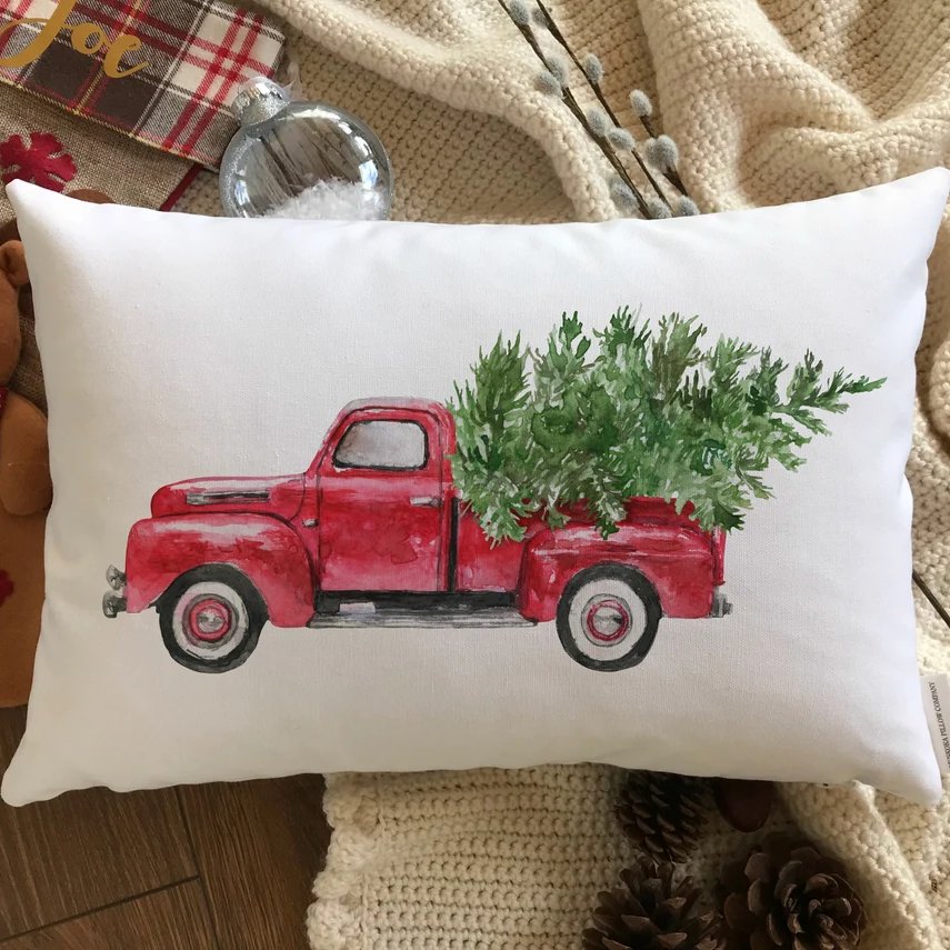 Vintage Truck Christmas Pillow Cover Rustic Farmhouse Decor