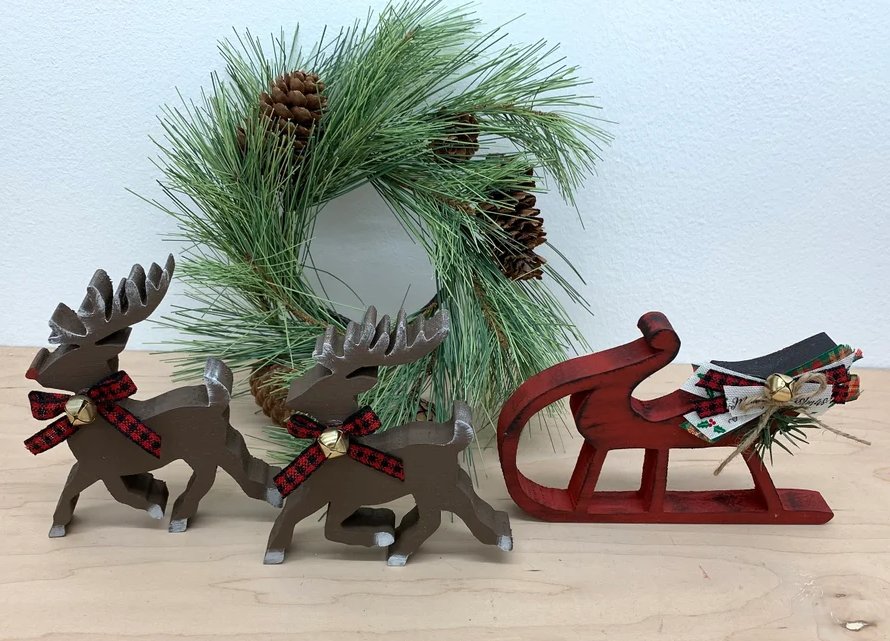 Wooden Christmas Sleigh and Reindeer