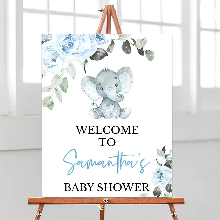 Blue Elephant Baby Shower Welcome Sign