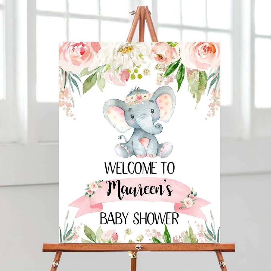 Pink Elephant Baby Shower Welcome Sign