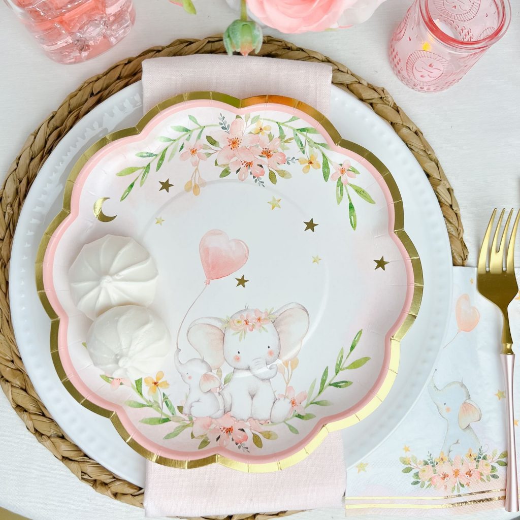 Pink Set Elephant Baby Shower Paper Plates