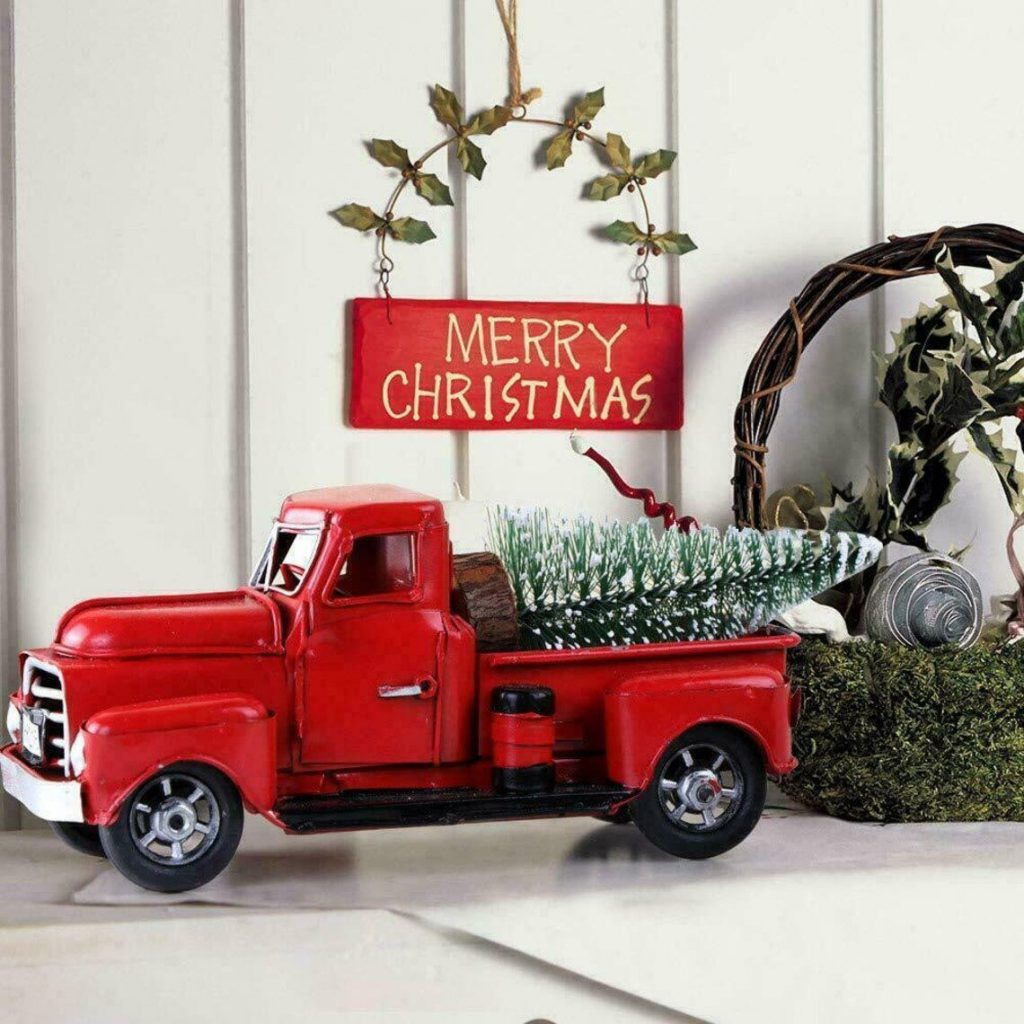 Vintage Farmhouse Metal Red Truck Christmas Decor