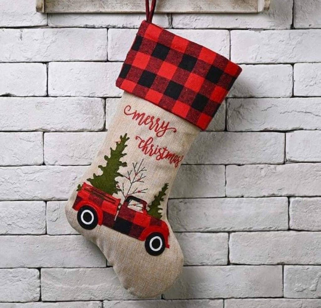 Personalized Buffalo Plaid Red Truck Christmas Stocking