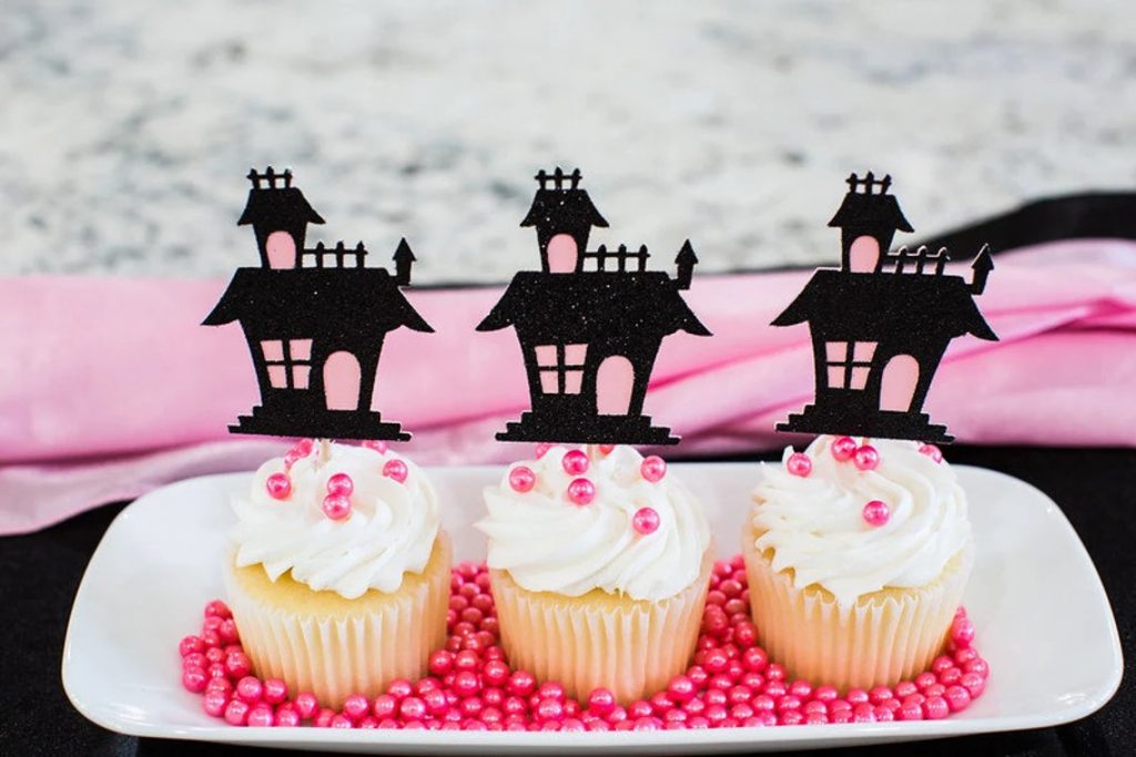 Pink & Black Haunted House Cake Toppers