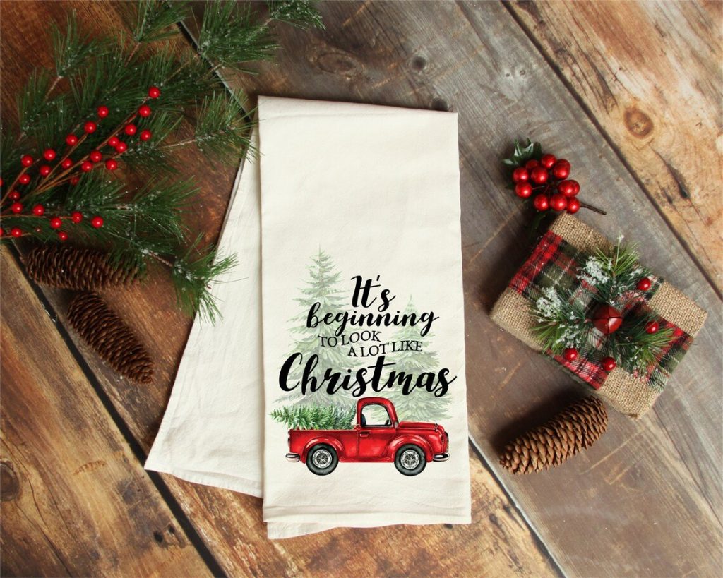 Red Truck Christmas Tea Towel