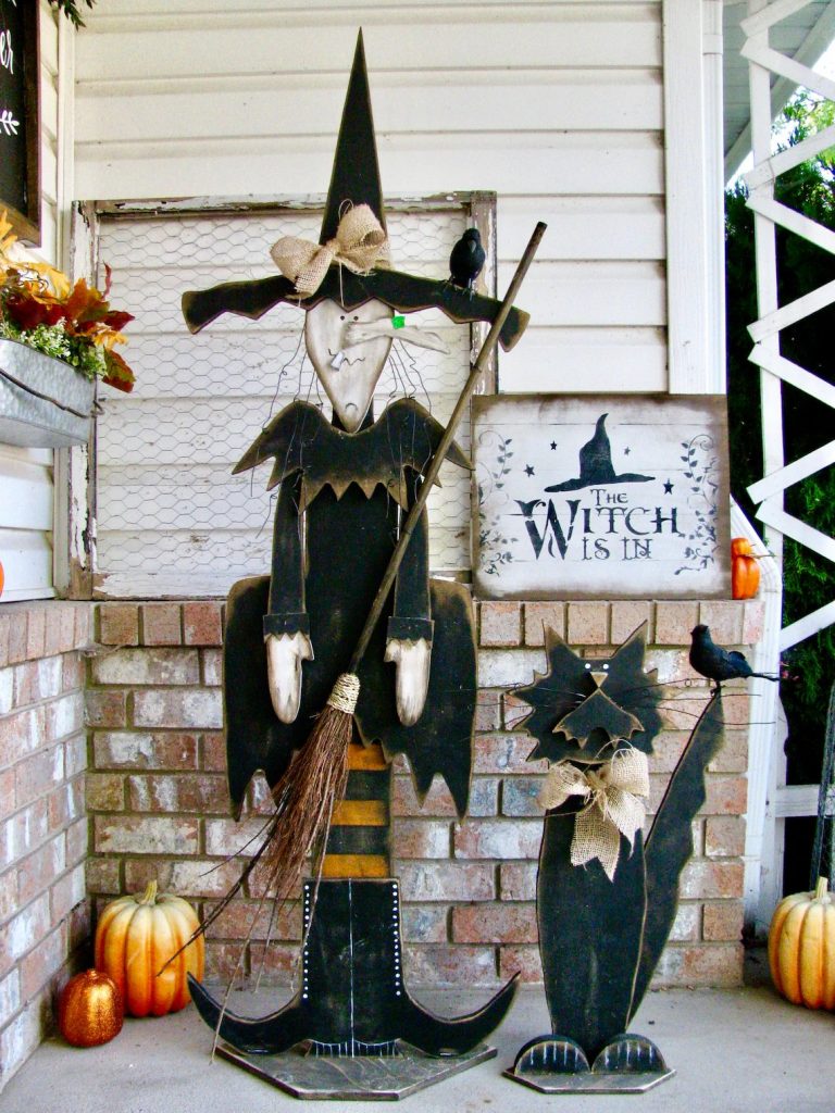 Witch & Cat Porch Statue Figure Halloween Party Idea