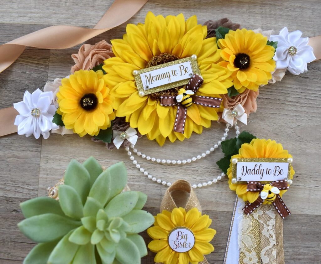 Sunflower Rustic Bee Maternity Sash & Pins