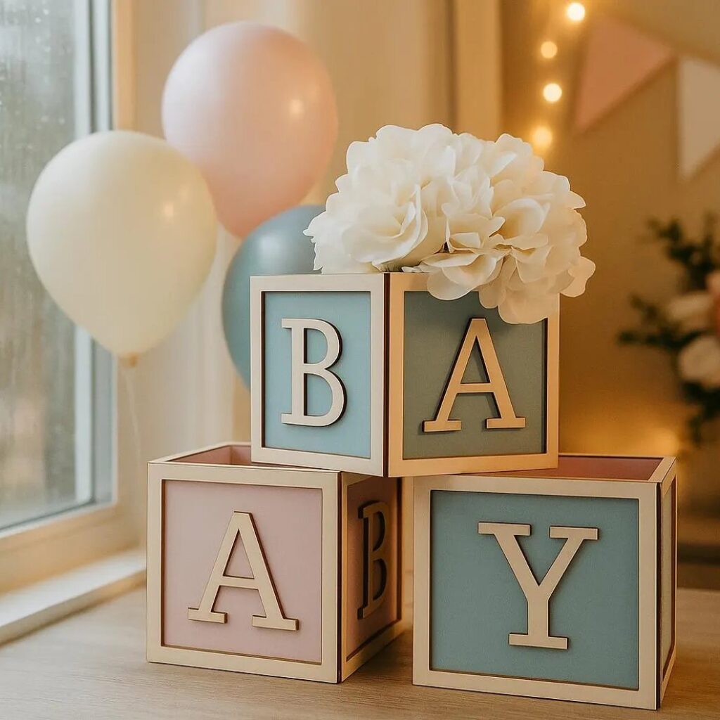 Bun In The Oven Baby Shower wood trim baby block centerpiece