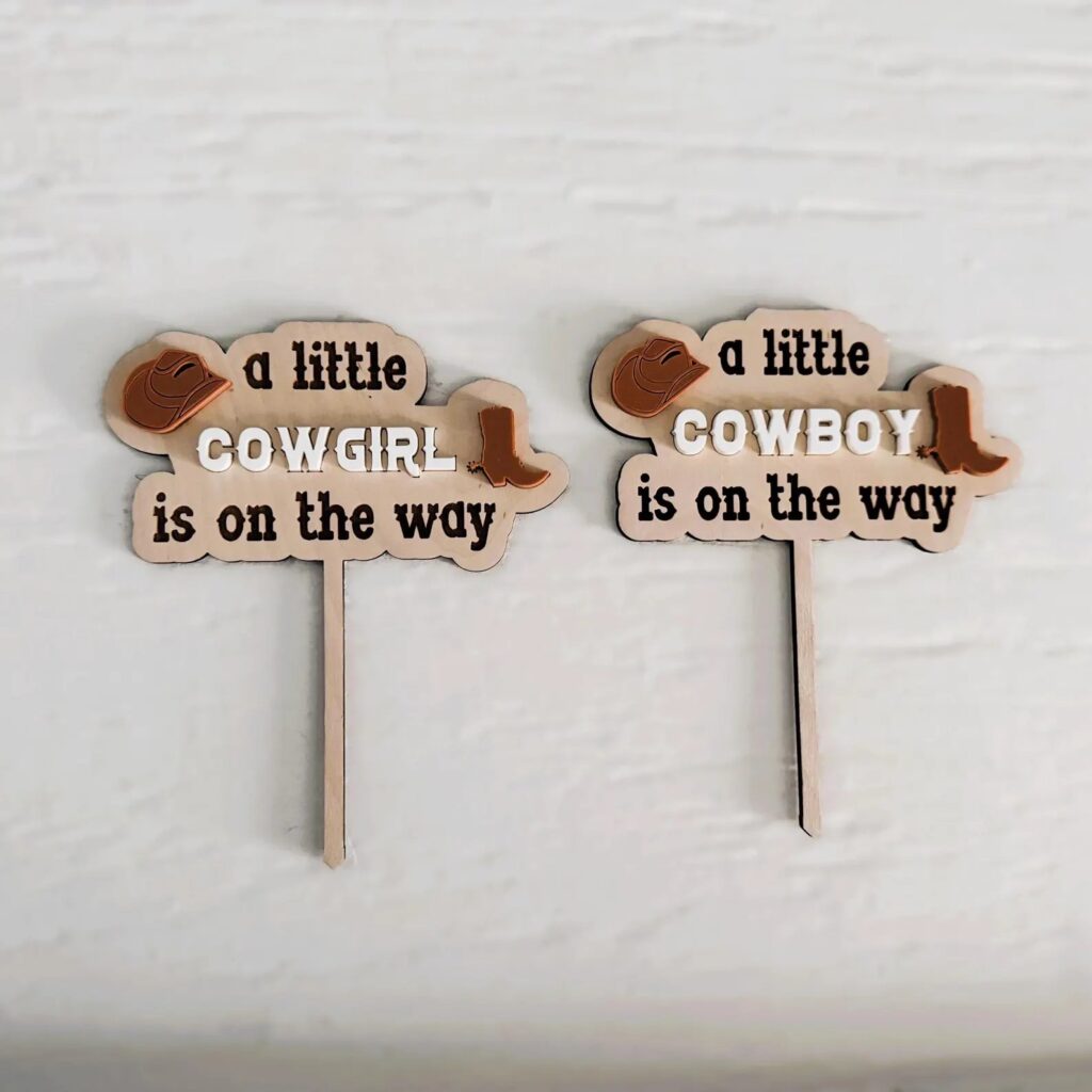 A Little Cowboy - Cowgirl Is On The Way a little cowboy cowgirl baby shower cake topper