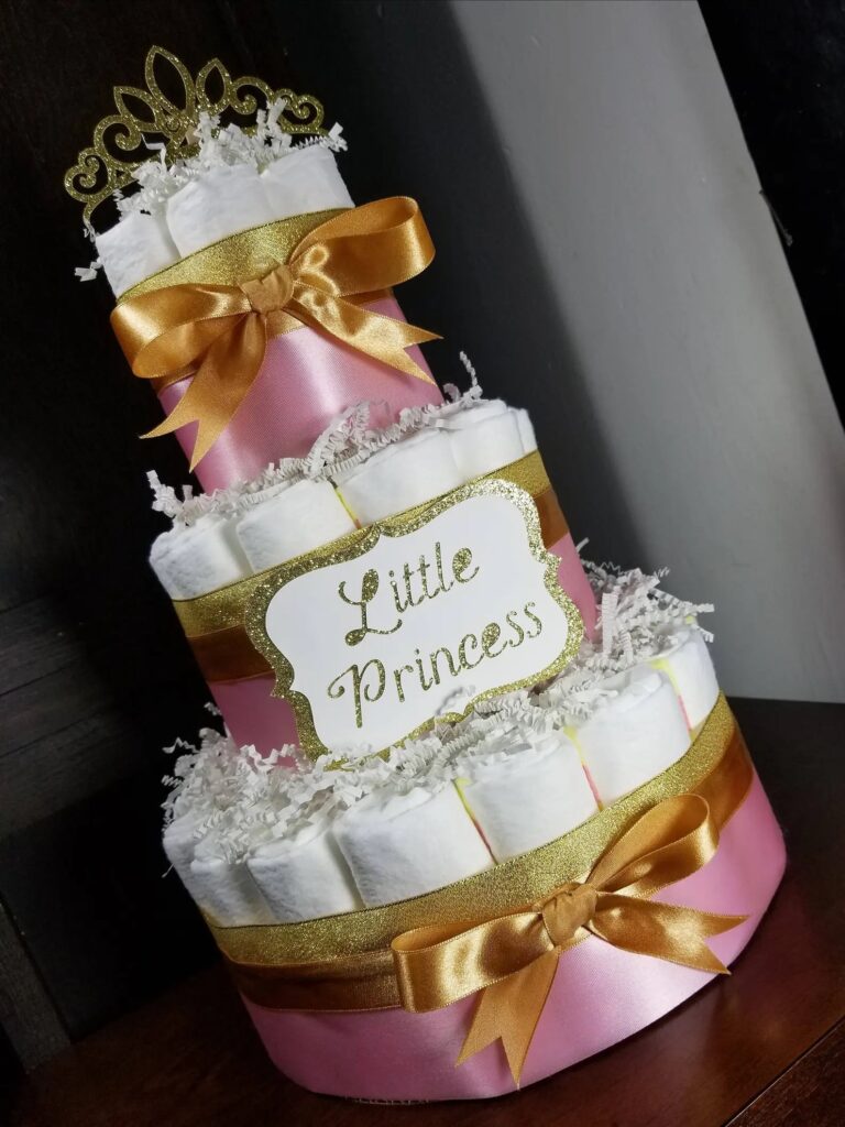 pink gold princess crown diaper cake