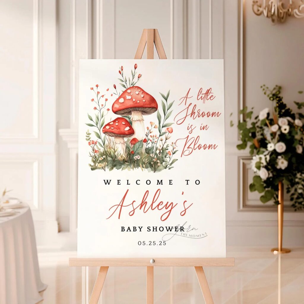 mushroom baby shower welcome sign