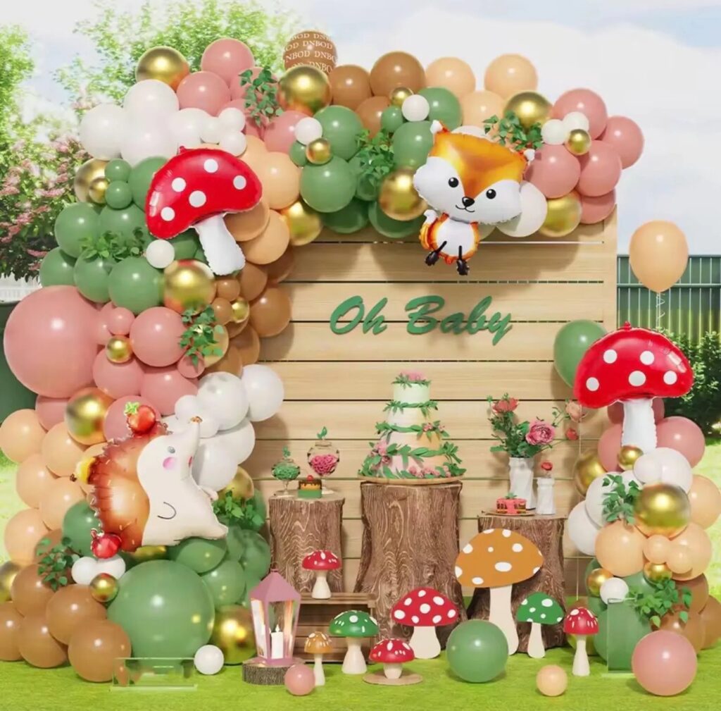 mushrooms enchanted forest baby shower balloon arch kit