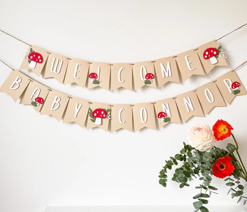 mushrooms whimsical forest baby shower party custom banner
