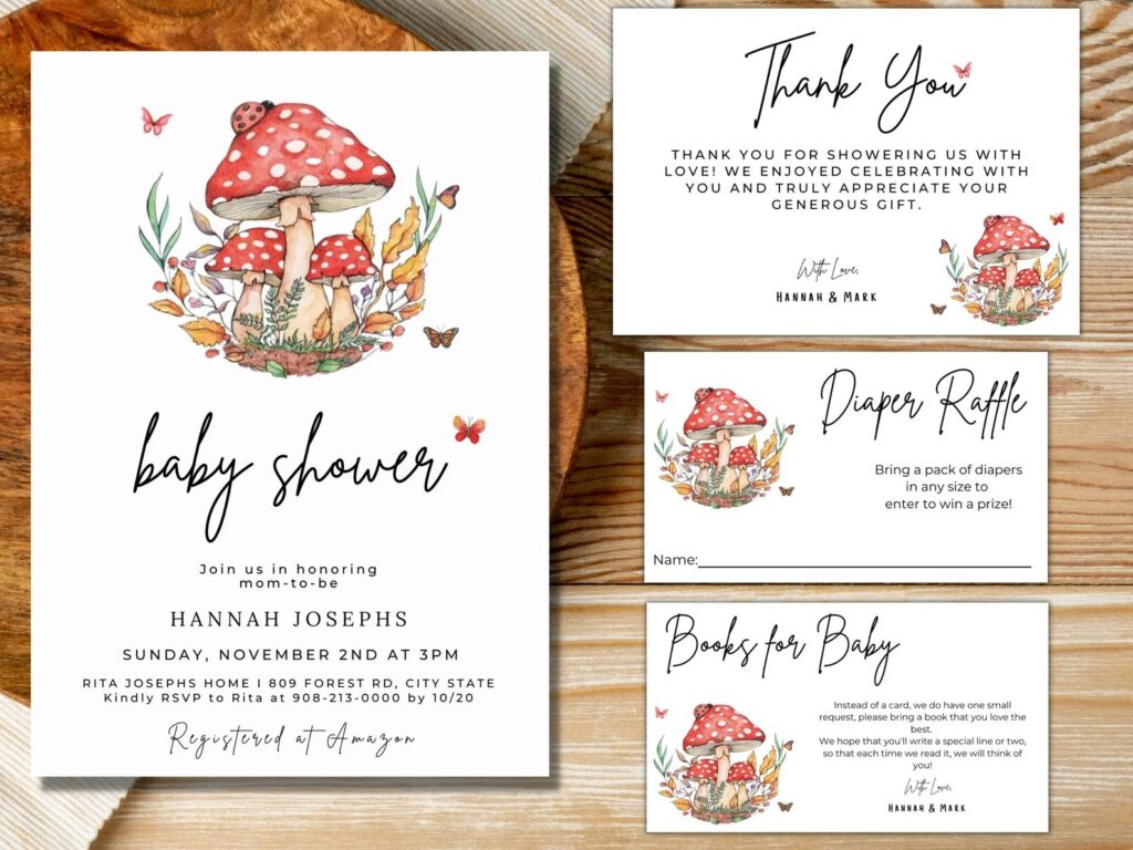 mushroon enchanted forest baby shower invitation
