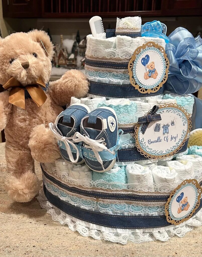blue jean baby shower diaper cake
