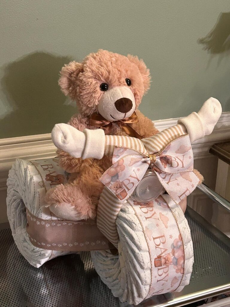 gender neutral classic teddy bear diaper cake