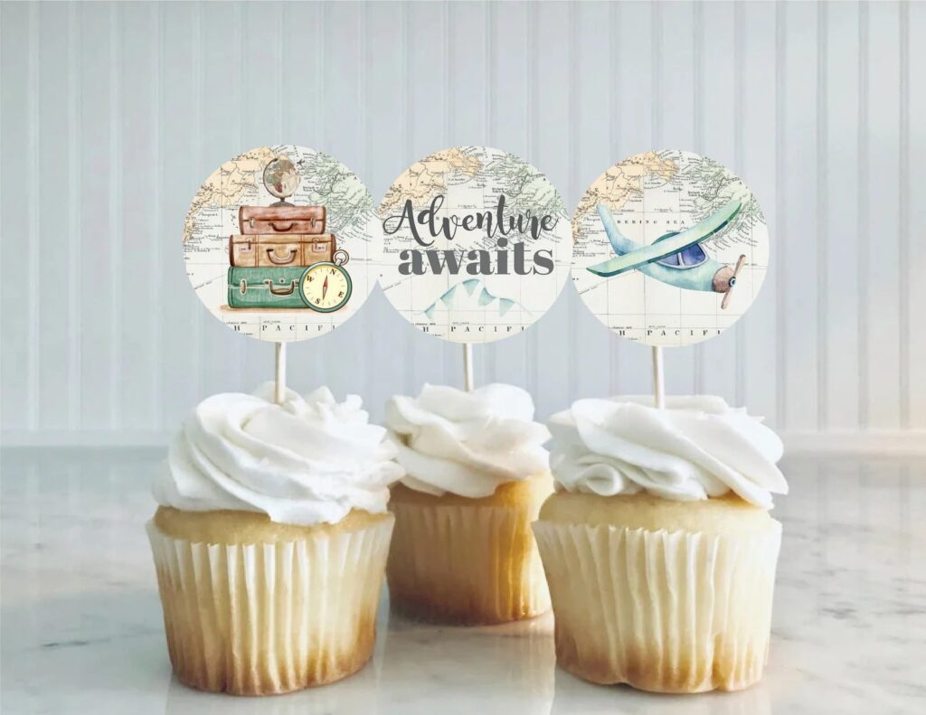 welcome to the world travel themed baby shower cupcake toppers